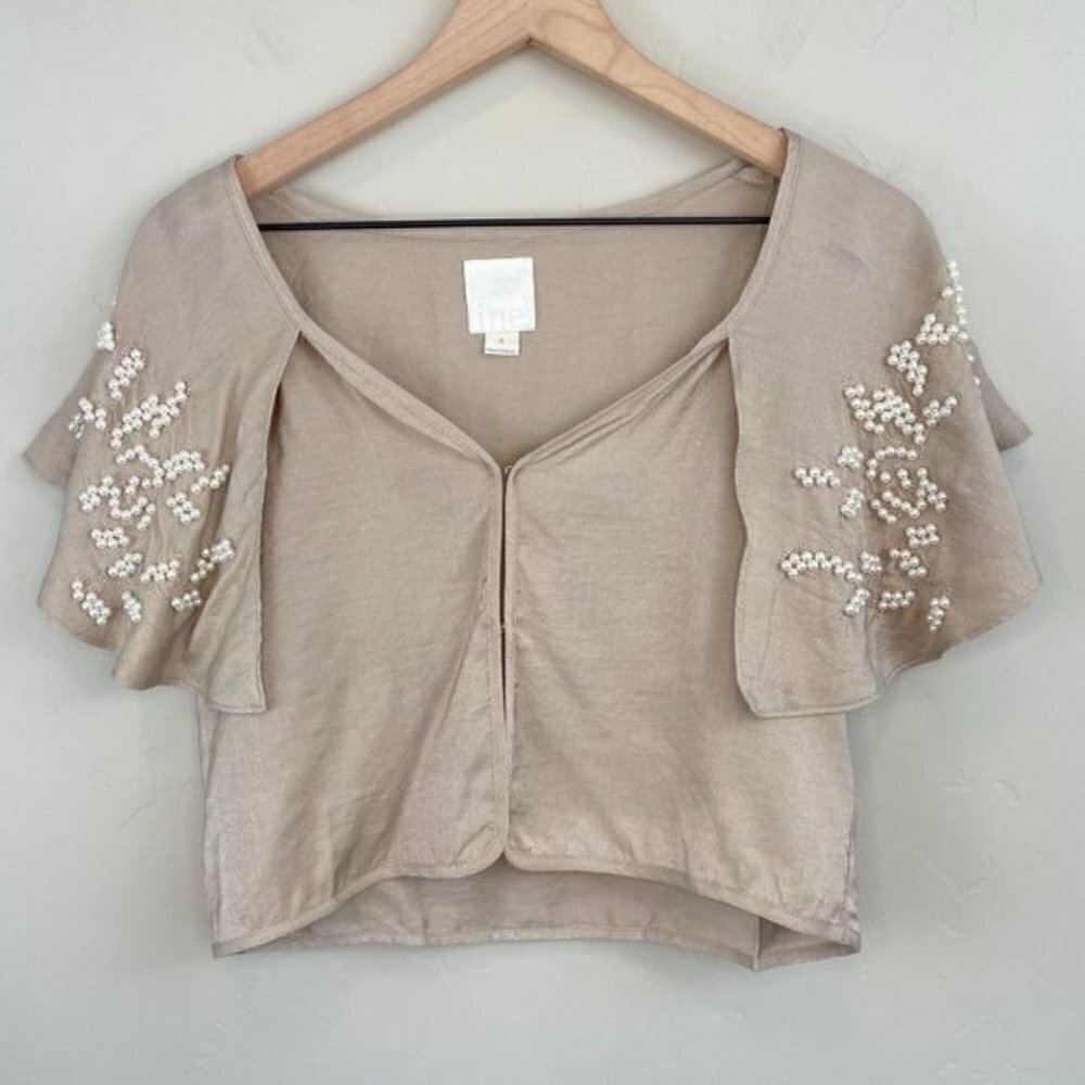 Revolve Line+Dot Tan Pearl Embellished Blouse NWT